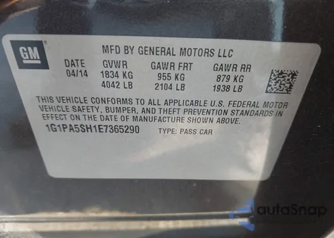 2014 Chevrolet Cruze Ls Auto из США, поврежденный, VIN 1G1PA5SH1E7365290